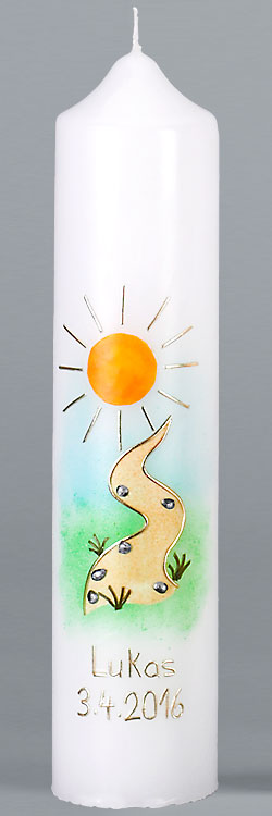 Kommuniontischkerze, Weg, Sonne, gold, 265x60, weiß, 4865