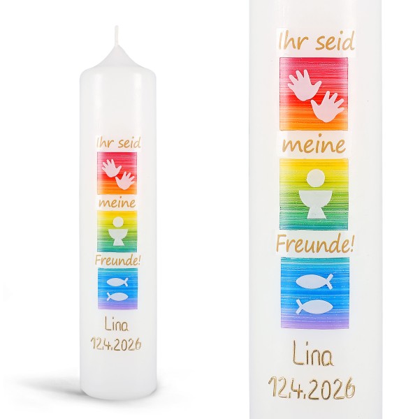 Kommuniontischkerze, Ihr seid meine Freunde!, Symbole, Hände, Kelch, Hostie, Fische, 4951, Größe / Farbe wählbar