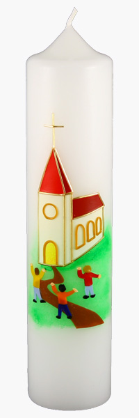 Kommuniontischkerze, Das Haus Gottes lebt, Kirche, 265x60, weiß, 4854