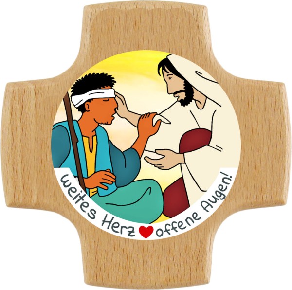 Holzkreuz, weites Herz - offene Augen, 8 x 8 cm