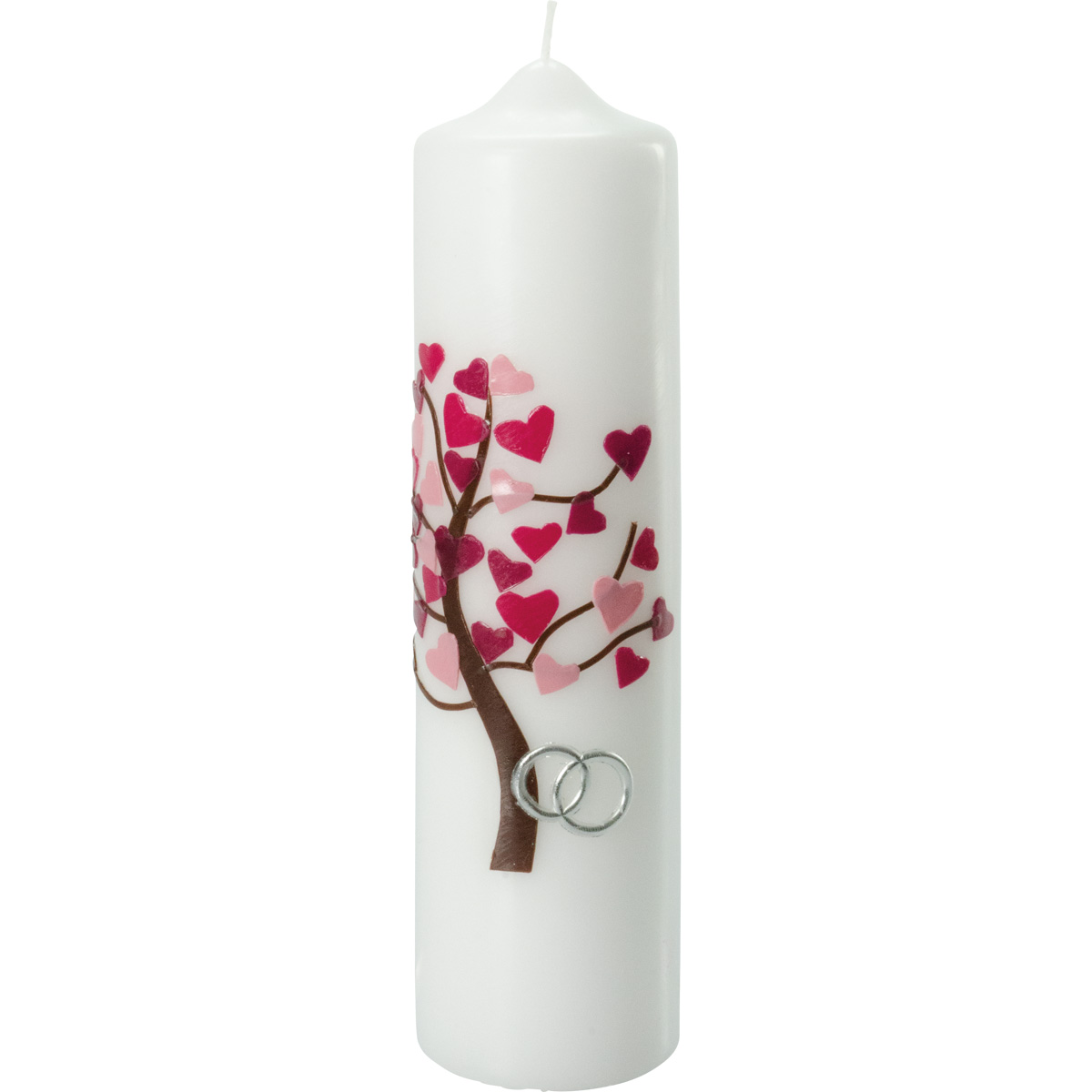 Hochzeitskerze, 5003, 275x70, Lebensbaum, rosa-rote Herzen, silber
