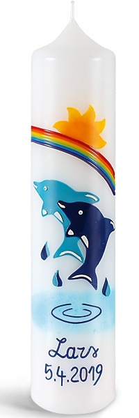 Taufkerze, -Delphine-, 265x60, weiß, Regenbogen, blau