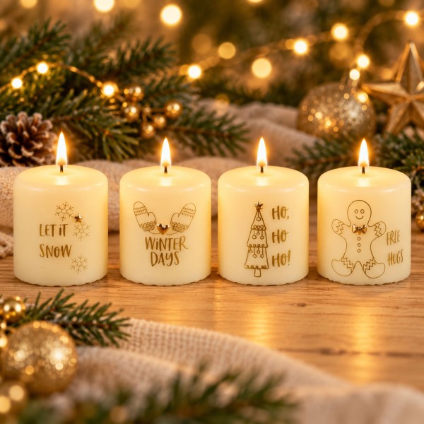 4 Weihnachtskerzen, 60x50, Wintermix, wollweiß, goldene Motive