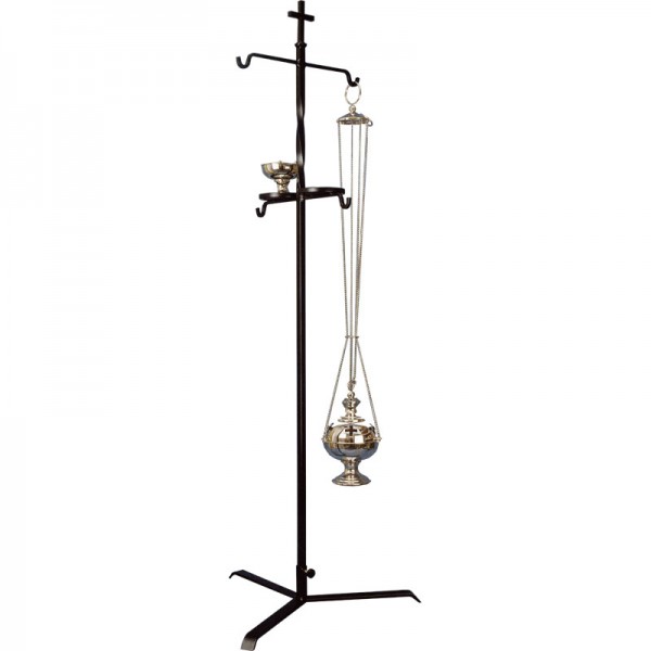 Rauchfaßständer, Höhe=143cm, schwarz, 2 Abstellplatten Ø11cm, 4 Haken