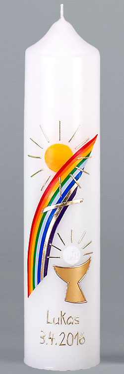 Kommuniontischkerze, Regenbogen Sonne Kelch, gold, 265x60, weiß, 4868
