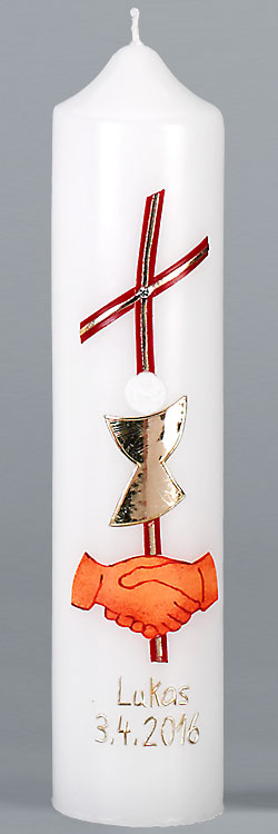 Kommuniontischkerze, Kreuz, Kelch, Hände, rot gold, 265x60, weiß, 4871