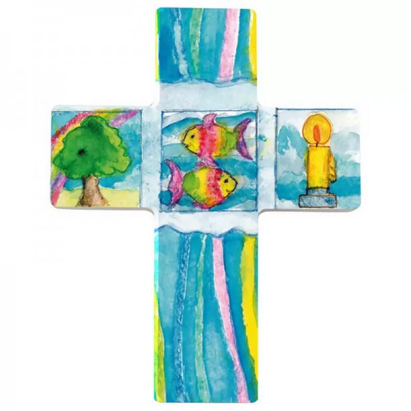 Holzkreuz, Nr. 810136, Baum, Fische, Kerze, 9 x 7 cm, Holz bedruckt