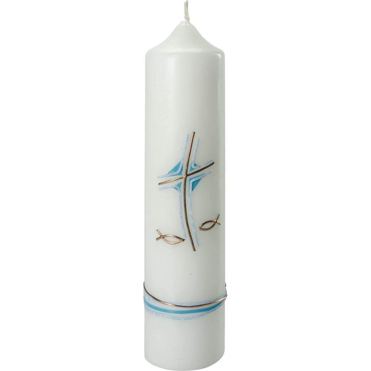 Taufkerze, Kreuz, Fische, blau, kupfer, 265x60, #4027