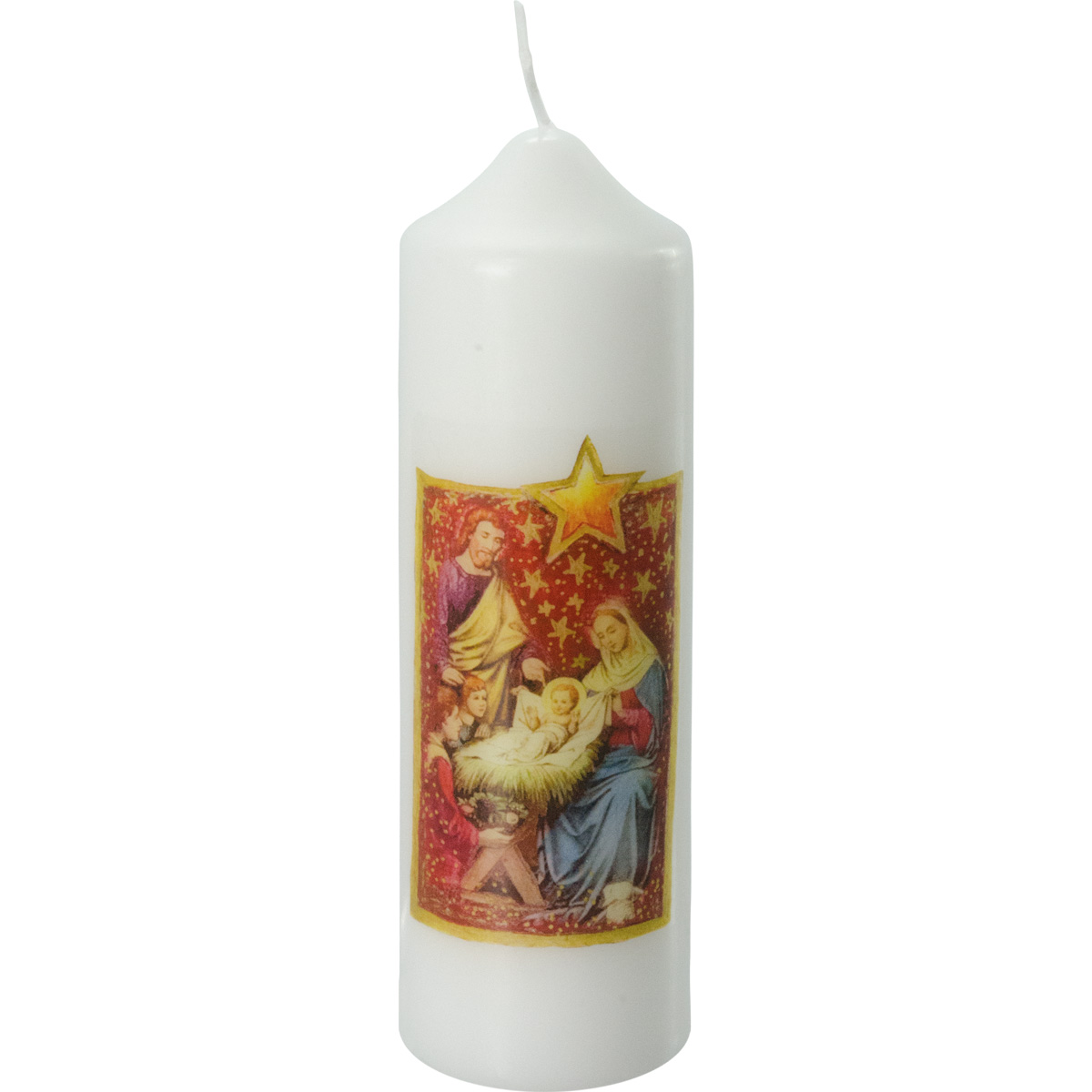 Weihnachtskerze, Krippenmotiv, Fotodruck, 16,5 x 5 cm, weiß, #2724