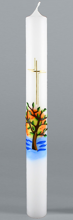 Kommunionkerze, 5840, Baum, Sonne, blau, gelb, gold, Größe wählbar