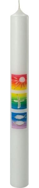 Tauf- / Kommunionkerze, Regenbogen, Sonne, Kreuz, Fische,gold, 400x40, Nr.4018-1