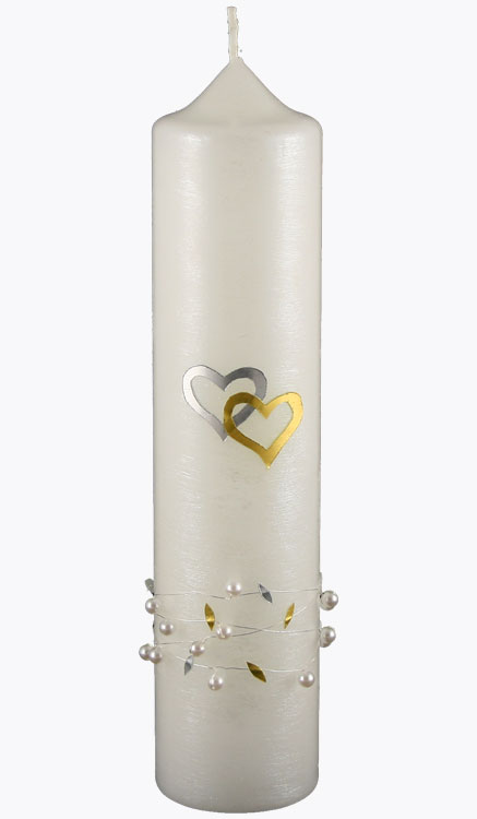 Hochzeitskerze, 4419, 265x60, silberstruktur, Herzen silb-gold, Perlen