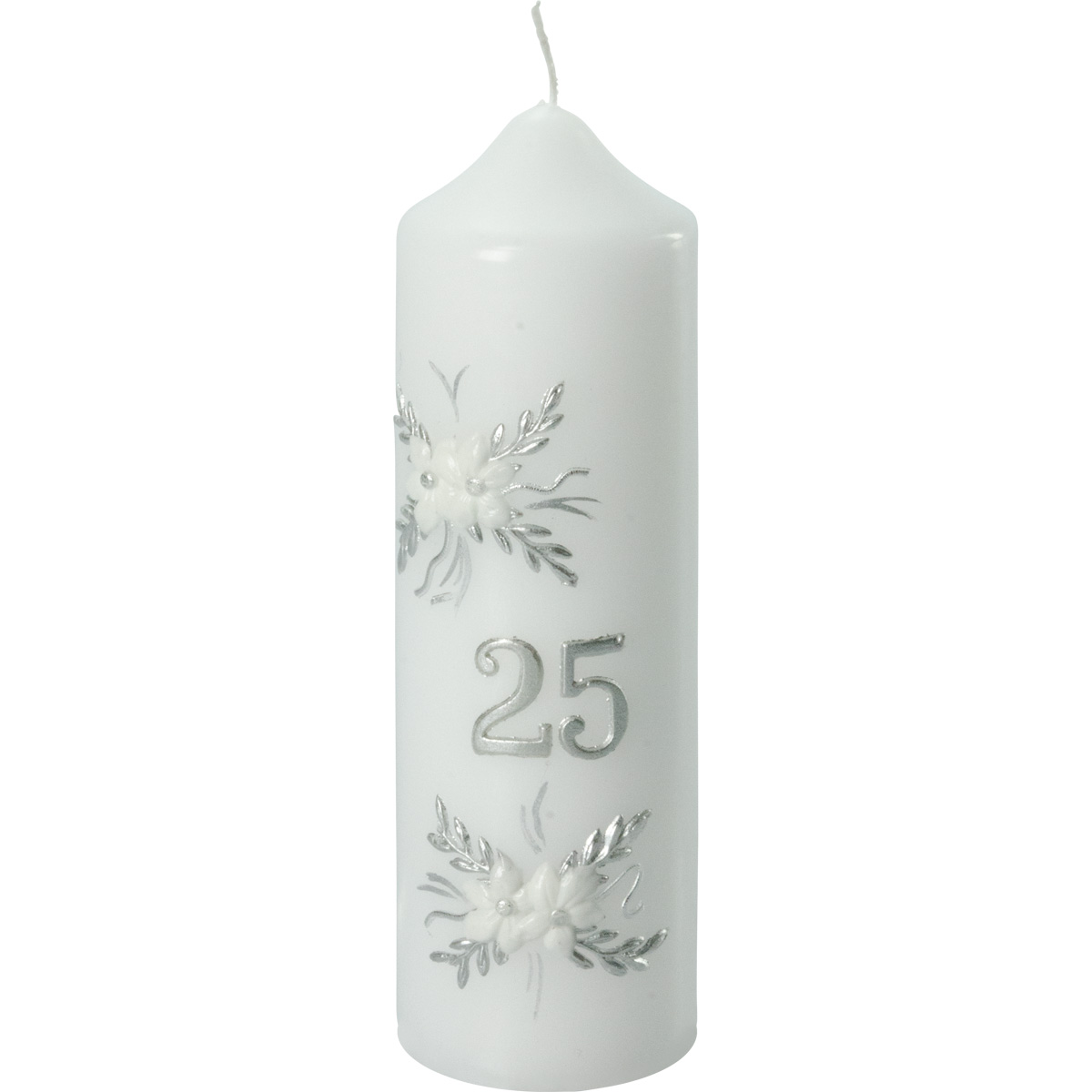 Silber-Hochzeitskerze, weiße Blüten, silberne Blätterranken, -25-, 165x50, Nr.955