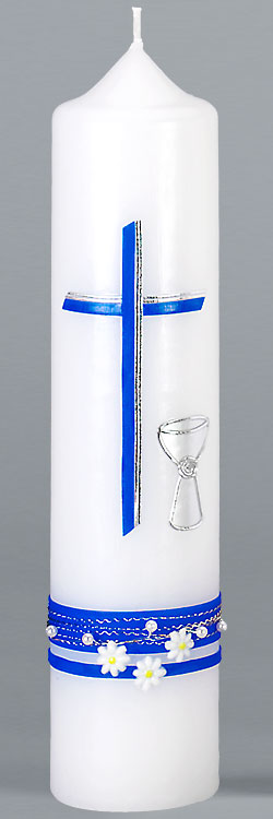 Kommuniontischkerze, Perlen, Kelch, blau, silber, 265x60, weiß, 4872