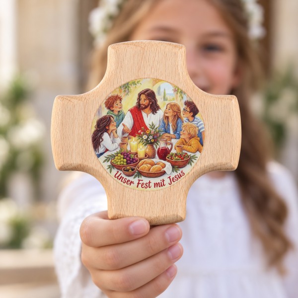 Holzkreuz, Unser Fest mit Jesus, 8 x 8 cm