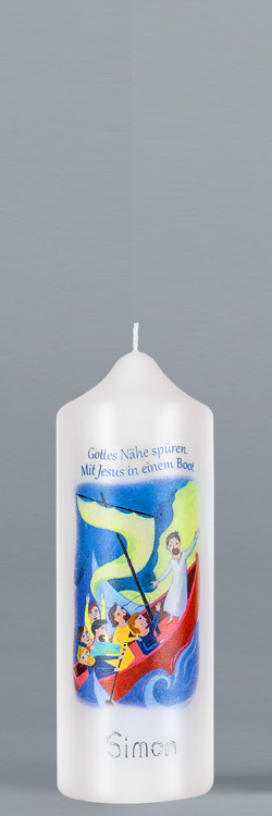 Patenkerze, P123, Mit Jesus in einem Boot, Größe/Farbe wählbar