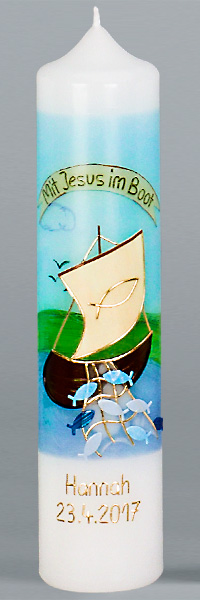 Kommuniontischkerze, Mit Jesus im Boot, 265x60, weiß, 4903