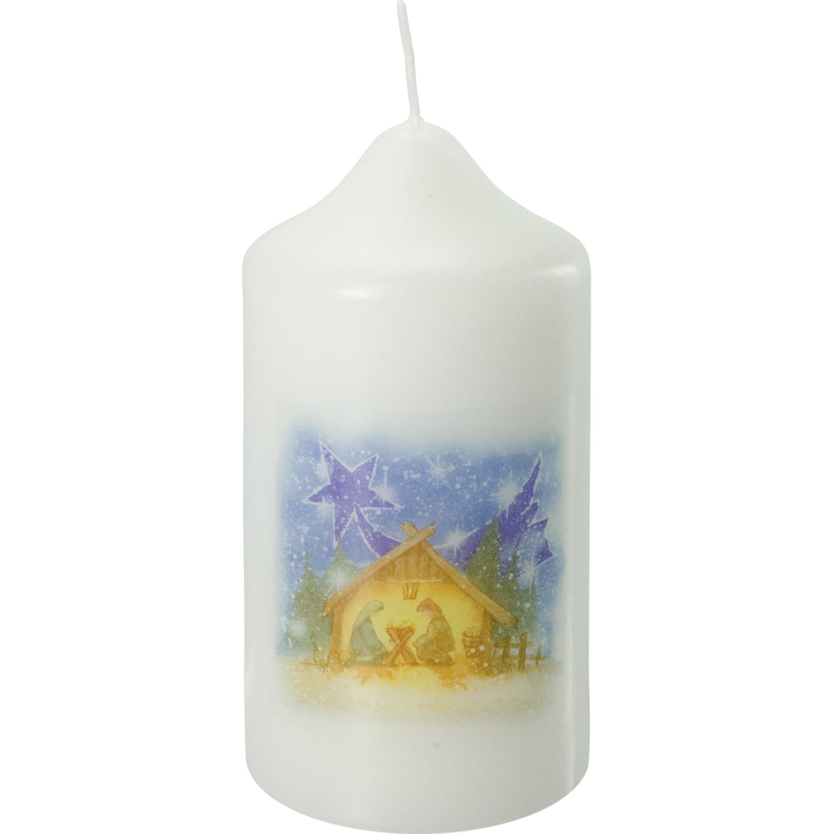 Weihnachtskerze, Krippenmotiv, Fotodruck, 12 x 6 cm, weiß, #2725