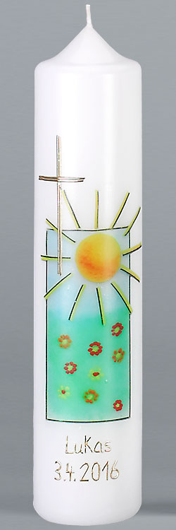 Kommuniontischkerze, Sonne, Fotodruck, 265x60, weiß, F4879