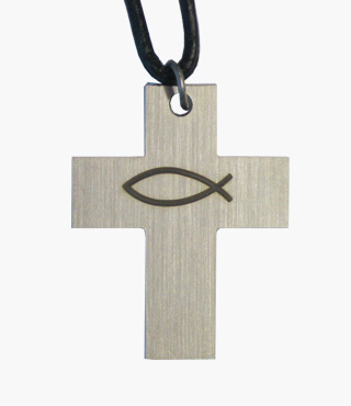 Umhängekreuz, 1008, Edelstahl, Fisch, 3x4cm, mit Lederband