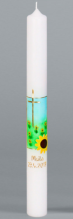 Kommunionkerze, 5905, Sonnenblumenwiese, blau-grün-gold, Größe wählbar