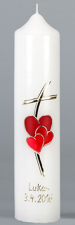 Kommuniontischkerze, Herz, Liebe Gottes, rot, gold, 265x60, weiß, 4878