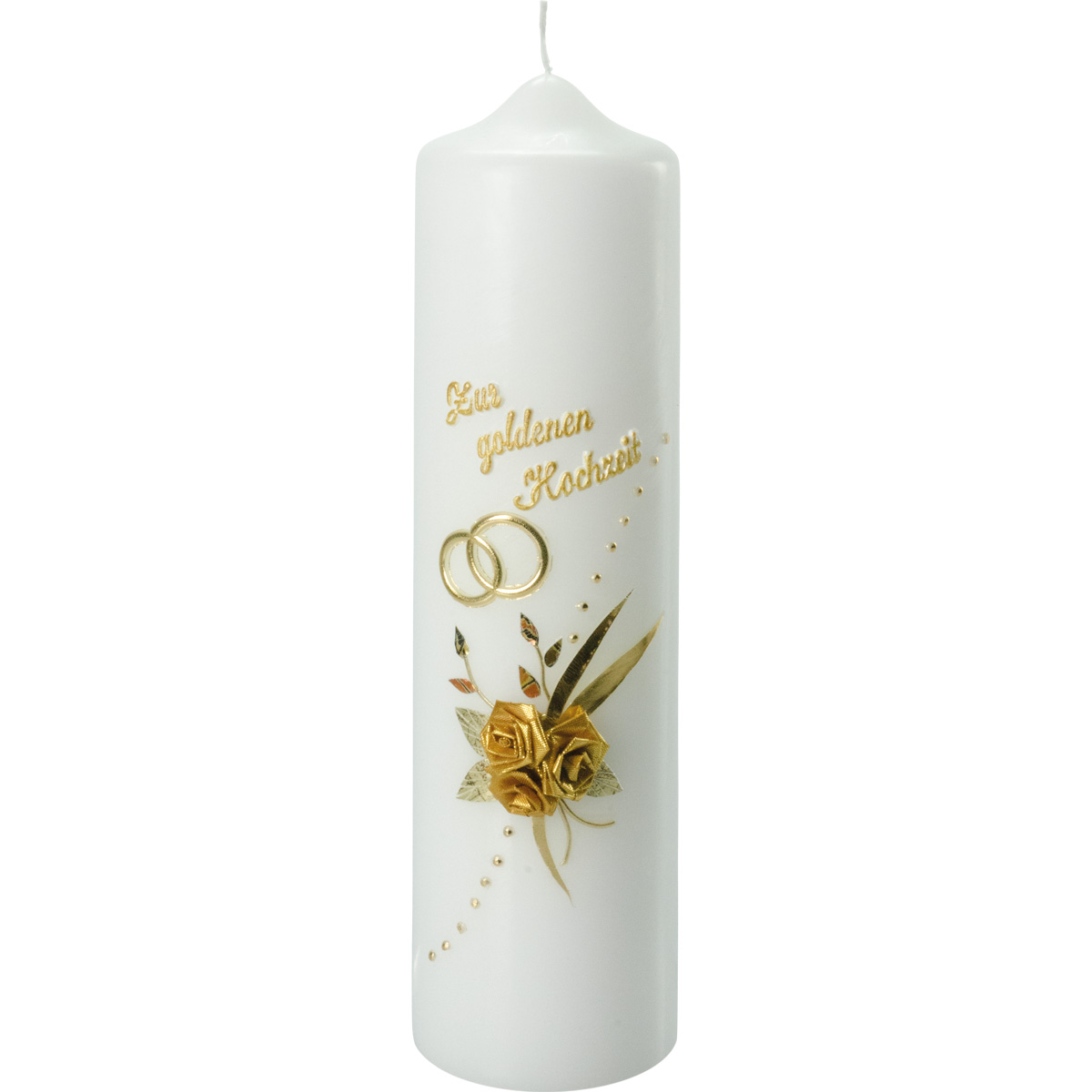 Goldene-Hochzeitskerze, Zur goldenen Hochzeit, Ringe, goldene 3D-Blüten, 275x70, Nr.914
