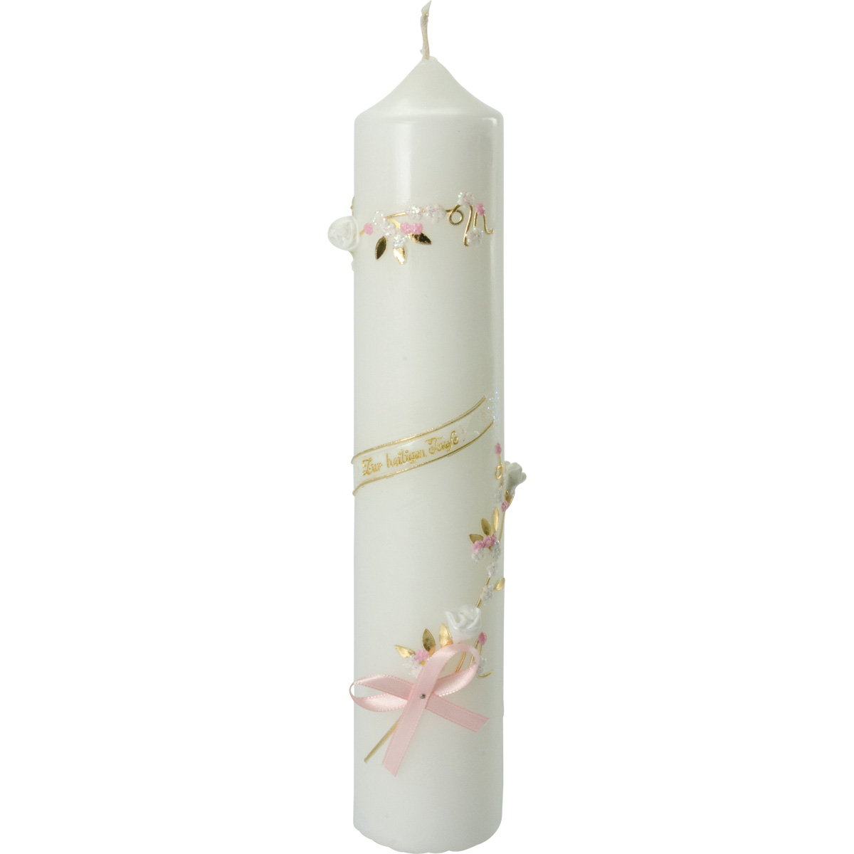 Taufkerze, Blumenranke, Bändchen, rosa, gold, 265x50, Nr.1370-R