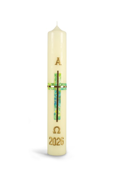 Osterkerze, 2026, 400 x 60 mm, Kreuz, glanzgold-grüntöne, Alpha+Omega m. Jahreszahl gold, #26135