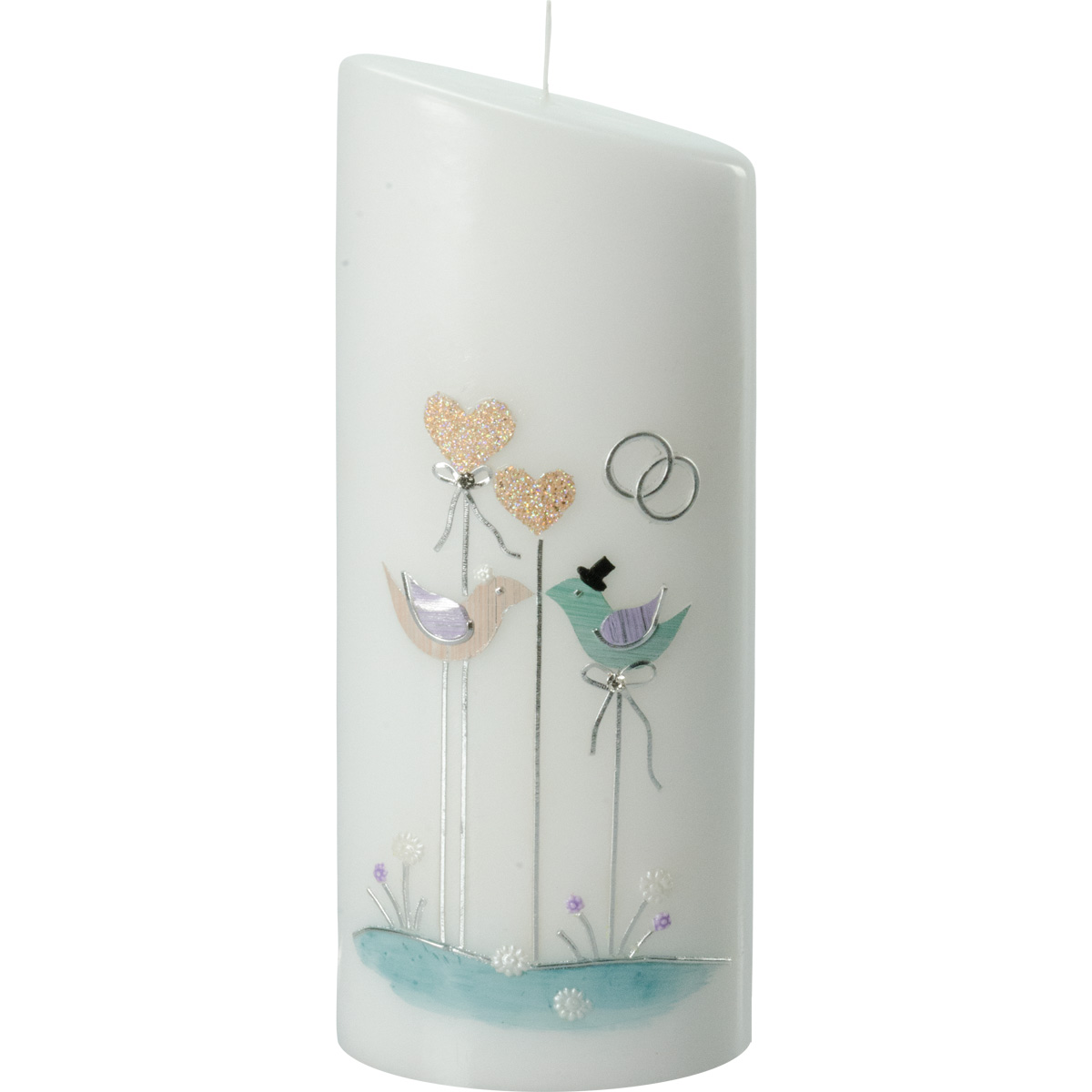 Hochzeitskerze, 5014, Oval 230x90x60, Herzen, creme-grün-silber