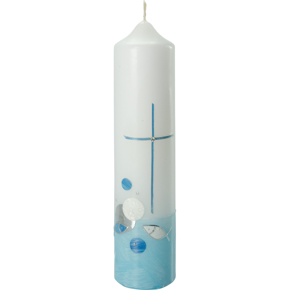 Taufkerze, Kreuz, Fische, Wasser, blau, silber, 265x60, #2071