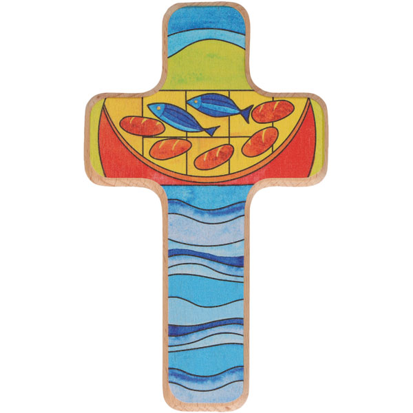 Holzkreuz 330381, h=11cm, Brot und Fische, Buche Natur