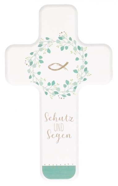 Holzkreuz, Kommunionandenken, Schutz und Segen, Höhe 18 cm, #330445