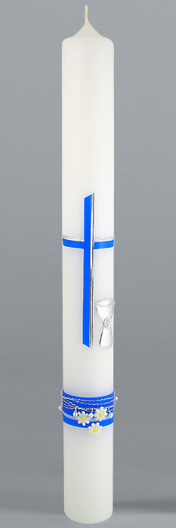 Kommunionkerze, 5896, Kreuz/Kelch, Perlen, blau, neu, Größe wählbar