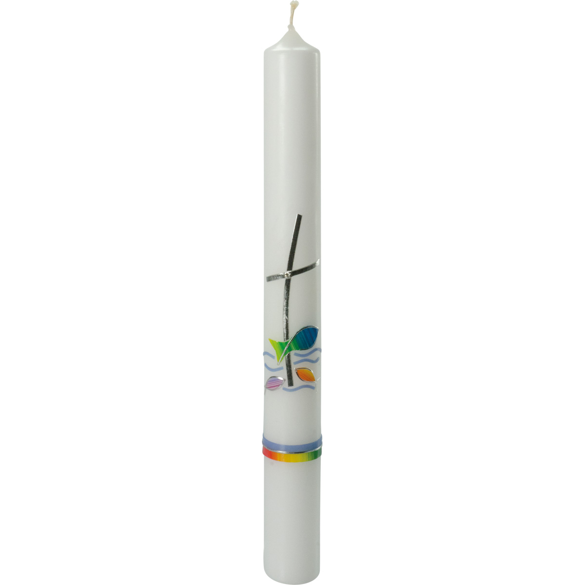 Taufkerze, Kreuz, Fische, silber, Regenbogenfarben, silber, 400x40, weiß, Nr. 4015-1