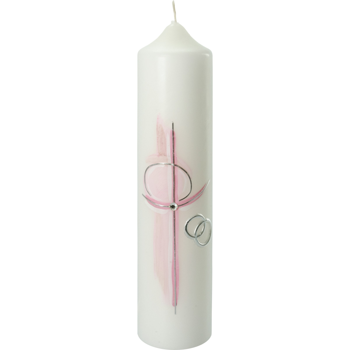 Hochzeitskerze, 5008, 265x60, Kreuz, Ringe, rosa-silber