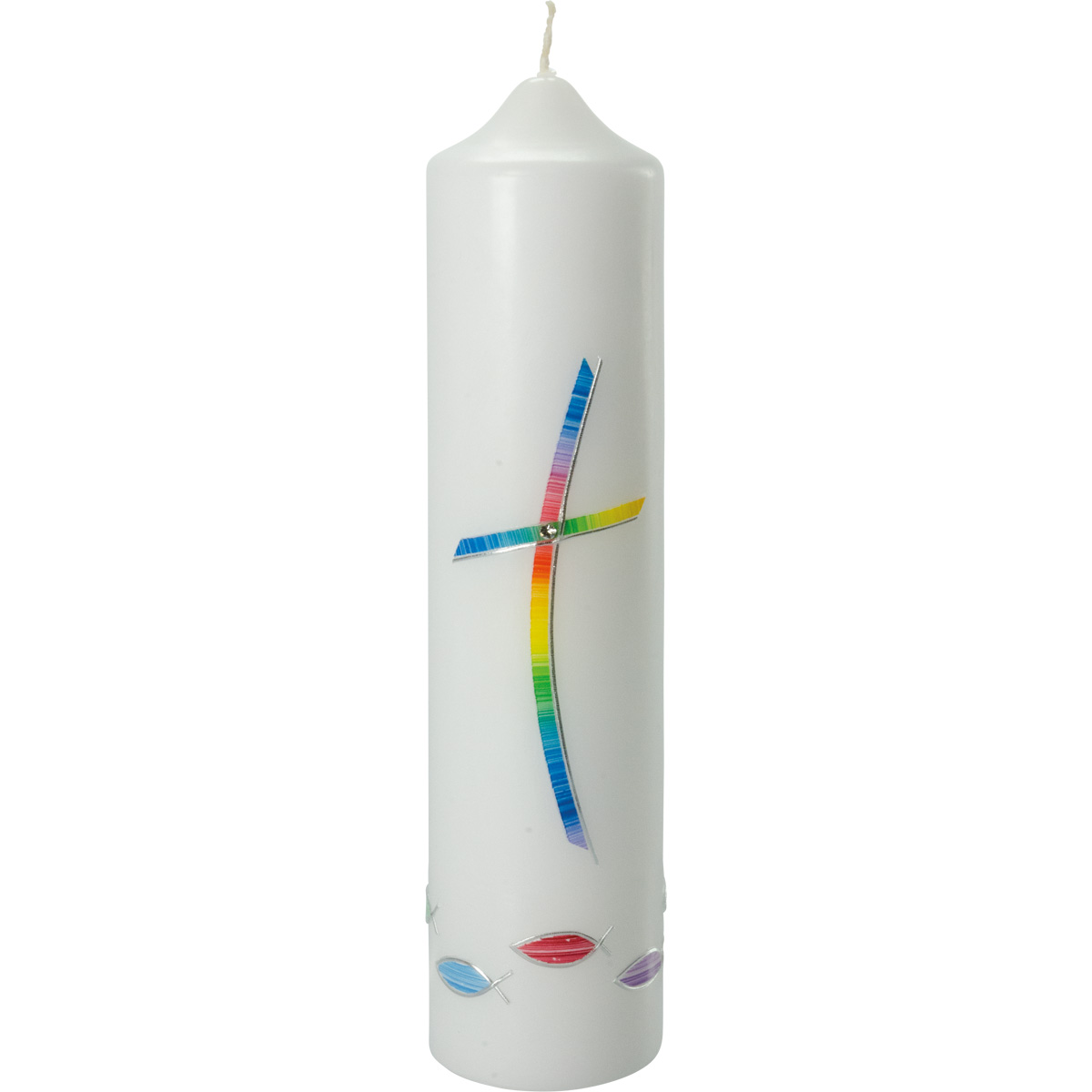 Taufkerze, Kreuz u. Fische in Regenbogenfarben, silber, 265x60, #4016