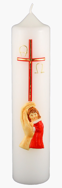 Kommuniontischkerze, 265x60, weiß, Kind in Gottes Hand, Mädchen, gold, 265x60, weiß, 4852