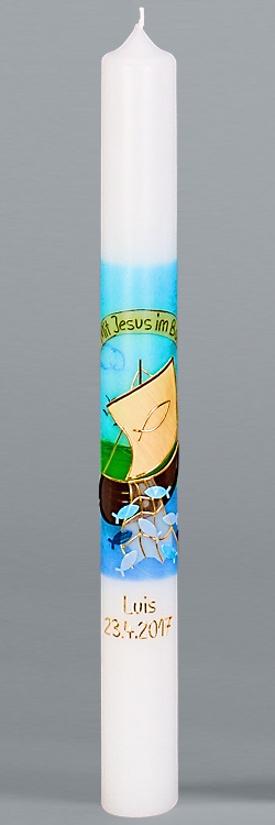 Kommunionkerze, Mit Jesus im Boot, blau, gold, Kerzengröße wählbar