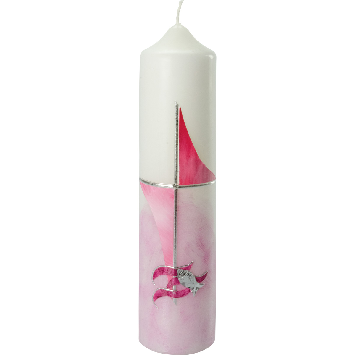 Taufkerze, Kreuz, Wasser, Fische, pink, silber, 265x60, #2077