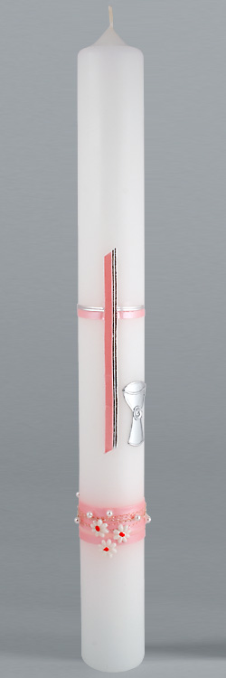Kommunionkerze, 5897, Kreuz/Kelch, Perlen, rosa, Größe wählbar