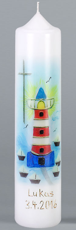 Kommuniontischkerze, Leuchtturm, Fotodruck, 265x60, weiß, F4883