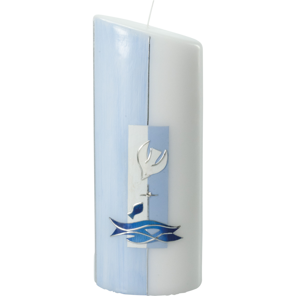 Taufkerze, Taube, Kreuz, Fisch, Wasser, blau, silber, 230x90x60, Nr.2035
