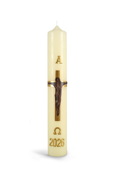 Osterkerze, 2026, 400 x 60 mm, Kreuz gold-seidenmatt, Korpus brauntöne, Alpha+Omega m. Jahreszahl gold, #26136