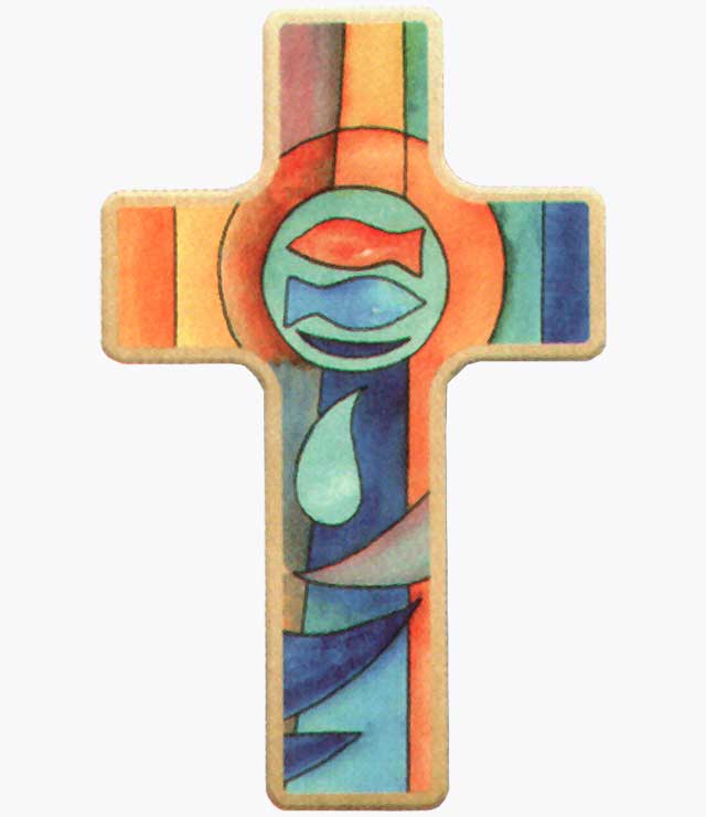 Holzkreuz 330109, h=11cm, Fische, Buche Natur