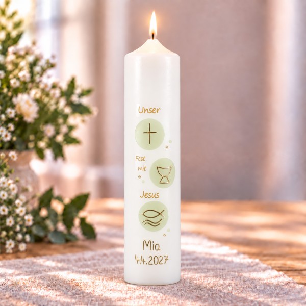 Kommuniontischkerze, Unser Fest mit Jesus, Symbole, Softgrün, 4955, Gr./Farbe wählb.