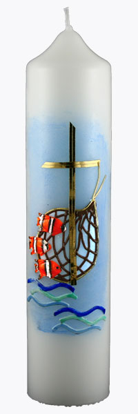 Kommuniontischkerze, Fische & Netz, blau, gold, 265x60, weiß, 4827