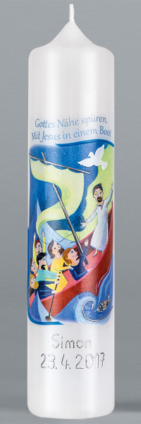 Kommuniontischkerze, Mit Jesus in einem Boot, BFW, 265x60, weiß, 4916