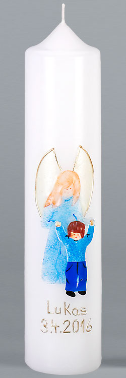 Kommuniontischkerze, Schutzengel Junge, blau, gold, 265x60, weiß, 4870