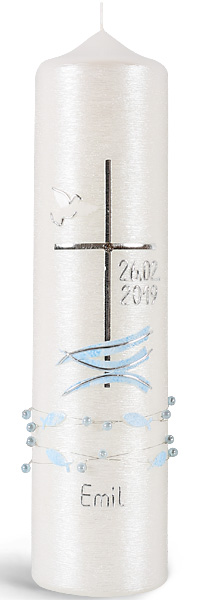 Taufkerze, -Emil-, 250x60, Silberglanzstruktur, Kreuz, Taube